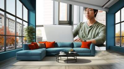 Image of handsome young asian man using laptop in apartment Wall mural