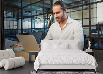 Photo of handsome pleased man working with laptop while sitting Wall mural