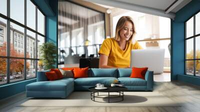 Photo of joyful nice woman using laptop and smiling while sitting Wall mural