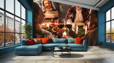 Photo of nice joyful people drinking wine and having Christmas dinner Wall mural