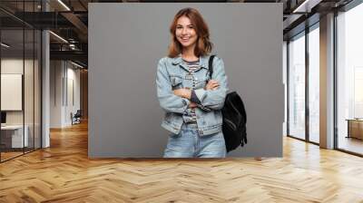 portrait of a happy pretty girl in denim jacket Wall mural