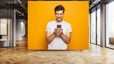 Portrait of a happy young man using mobile phone Wall mural