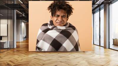 Portrait of frozen african american guy frowning while covering in blanket, isolated over beige background Wall mural