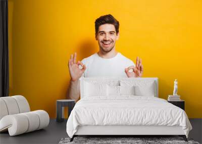 Portrait of handsome excited man in basic clothing smiling and showing ok sign at camera, isolated over yellow background Wall mural