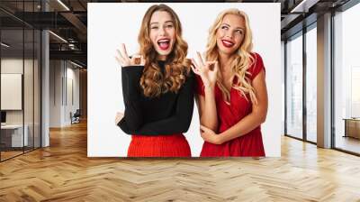 Portrait of two cheerful young smartly dressed women Wall mural