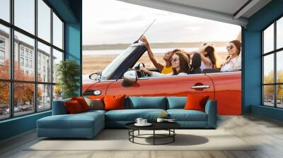 Pretty happy smiling cheery young pretty women friends driving the car. Wall mural