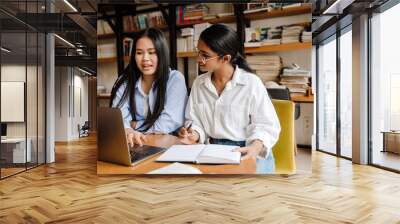 Two female students using laptop while preparing for exams together in library Wall mural