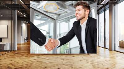 two successful businessmen shaking hands on business meeting in office Wall mural