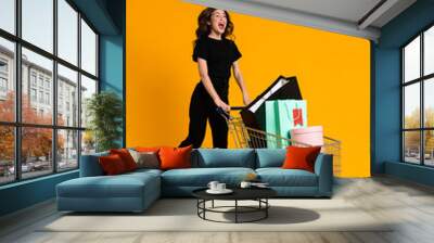 White excited woman laughing while posing with shopping cart Wall mural