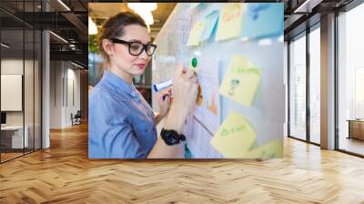 Woman writing business plan on whiteboard Wall mural