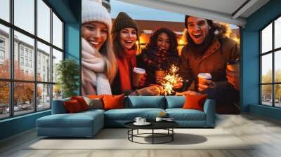 Young friends talking with each other drinking coffee outdoors winter concept holding bengal lights. Wall mural