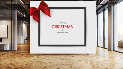 Christmas, square banner in form of gift with red ribbon and bow, on winter background. Greeting card or banner template. Vector illustration. Wall mural