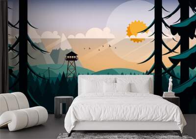 Vector Art Landscape with Fire Lookout Tower Wall mural