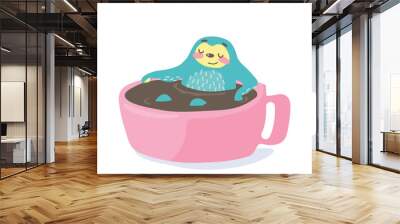 cute hand drawn cartoon vector sloth hugs in a cup of cofee. colorful animal illustration Wall mural