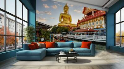 Golden big Buddha head. Big Buddha of Paknam Temple in Bangkok. Religion famous tourist place. Wall mural