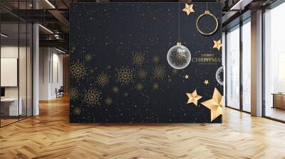 Black christmas background with golden snowflakes. Festive Christmas background with balls, stars Wall mural