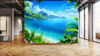 beautiful landscape of mountain  sea  and blue sky vector art and cartoon Wall mural