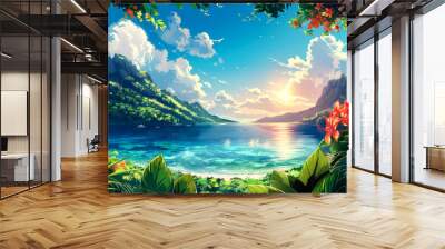 beautiful landscape of mountain  sea  and blue sky vector art and cartoon Wall mural