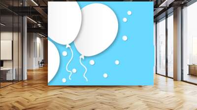 Horizontal banner for congratulations. White flying balls on a blue background. Design in the style of paper cut, art for birthday, wedding. Wall mural