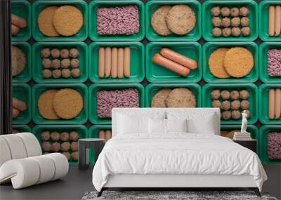 pattern of trays with vegetarian plant based mock meat Wall mural