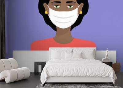 Black woman holds a empty banner, beautiful lady wers a facemask protection from covid-19 sign cartoon vector illustration Wall mural