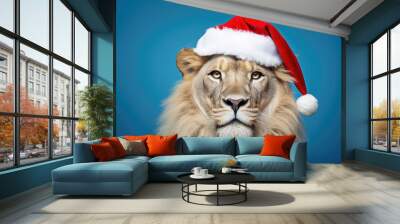 Portrait of lion with Santa Claus hat. AI generative art Wall mural