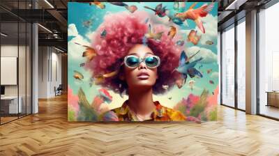 Surreal portrait of woman with modern hairstyle and colorful birds flying around, digital collage style. Generative AI art Wall mural