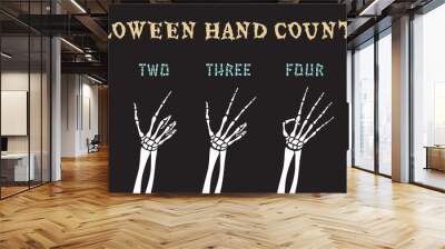 Dead Man Skeleton Correct Hand Counting to Five Beginning with Thumb Halloween Holidays Comic Creative Concept - Turquoise White and Yellow on Black Background - Contrast Graphic Design Wall mural