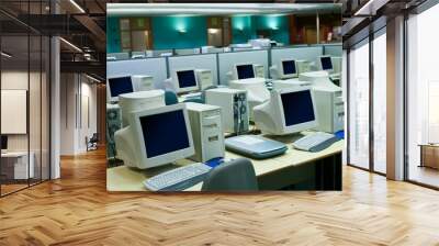 Wide angle shot of a business environment with a myriad of old computers in the room Wall mural