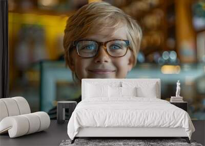 A heartwarming portrait of a young boy wearing glasses in an optician shop, his joy evident as he sees clearly for the first time with his new eyeglasses Wall mural