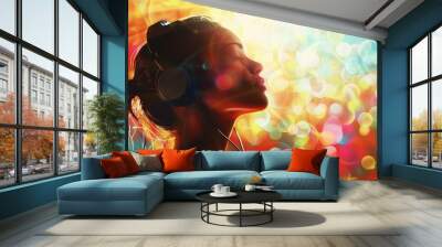 A lifestyle image of a woman listening to music, capturing the enjoyment and personal engagement with audio entertainment Wall mural