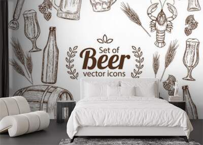 Background of sketch vintage beer icons with round frame. Template for packaging, cards, posters, menu. Vector stock illustration. Wall mural