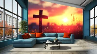 Cross Silhouette on Blurry Sunset Background with Dramatic Lighting in Serene Scene Wall mural