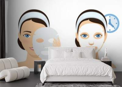 Procedure of applying face sheet mask. Facial mask with serum, skincare product. Vector Wall mural