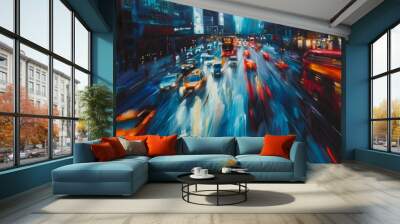 Rush hour traffic on a bustling city highway, cars and buses in motion blur, acrylic paint Wall mural