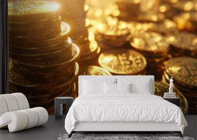 Stacks of Shiny Bitcoins with Sunlight, Financial Concept Wall mural