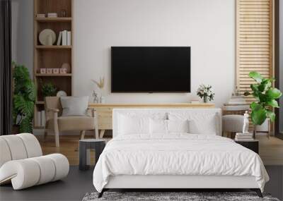 TV cabinet on the white wall in living room with armchair,minimal design. Wall mural