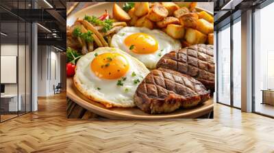 a plate of food with eggs, potatoes, and fried potatoes. Wall mural