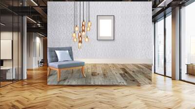 new empty living room interior decoration wooden floor, stone wall concept. decorative background for home, office and hotel. 3D illustration Wall mural