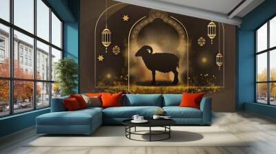 An Islamic Eid Al Adha black and gold greetings illustration and background with a goat silhouette Wall mural