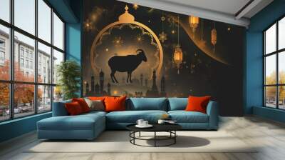 An Islamic Eid Al Adha black and gold greetings illustration and background with a goat silhouette Wall mural