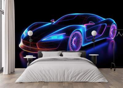 A car in a glowing neon style made of neon lines. AI generation Wall mural