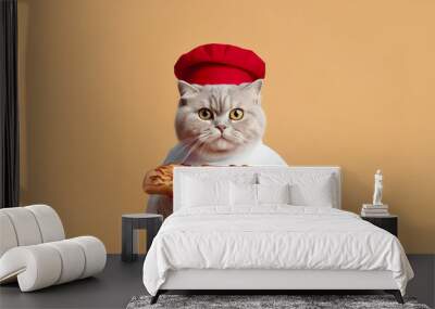 A cute chef cat in a chef's hat is holding a pizza. AI generation Wall mural