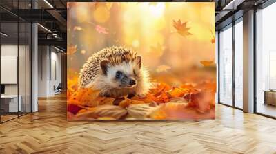 A cute hedgehog sits in autumn leaves against the backdrop of a beautiful autumn landscape.  Wall mural