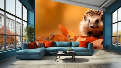 A cute hedgehog sits in autumn leaves against the backdrop of a beautiful autumn landscape. Banner, place for text Wall mural