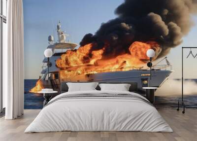 A large ship caught fire at sea Wall mural