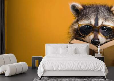 A raccoon wearing glasses, reading a book against an orange background, creating a whimsical and intelligent look. Wall mural