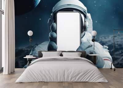 Astronaut holding mobile phone mockup	
 Wall mural