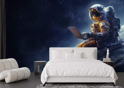 astronaut in space with a laptop. banner, copy space. ai generation Wall mural