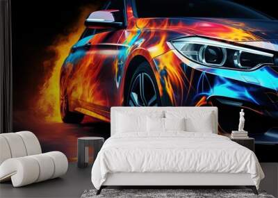 Car with airbrushing and neon lights on a dark background. AI generation	
 Wall mural